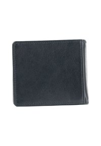 Portafoglio in pelle nera con superficie texturizzata, design bi-fold e cuciture visibili. Forma rettangolare compatta, senza accenti o elementi hardware visibili.