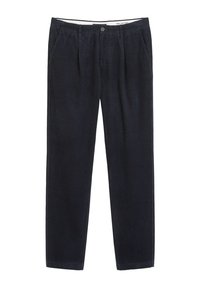 Marineblaue Cordhosen mit geradem Bein, ausgestattet mit frontalen Falten, seitlichen Taschen und einem einzelnen Knopfverschluss. Texturiertes Material.