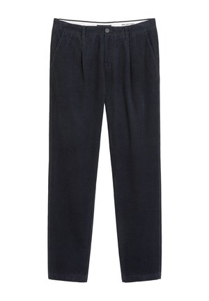 Marineblaue Cordhosen mit geradem Bein, ausgestattet mit frontalen Falten, seitlichen Taschen und einem einzelnen Knopfverschluss. Texturiertes Material.