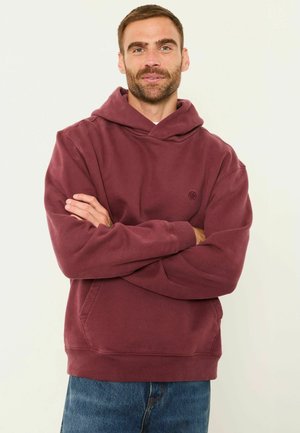 Mann mit kurzen braunen Haaren und Bart, trägt einen dunkelroten Hoodie und blaue Jeans, steht mit verschränkten Armen vor einem einfarbigen Hintergrund.