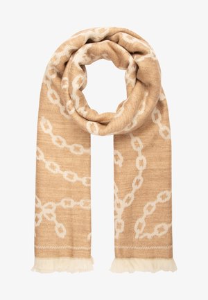 Écharpe tricotée beige avec motif de maillons blancs et extrémités à franges, pliée en forme de boucle.