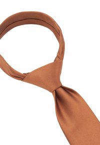 Brown silk tie with a subtle ribbed texture. Features a classic design with a pointed end and a looped neck section for easy wear.