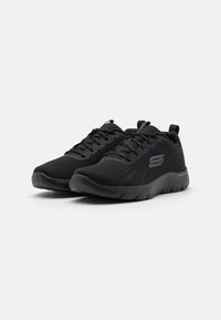 Black athletic shoes with a breathable mesh upper, featuring a textured pattern, lace closure, pull tab, and lightweight rubber outsole.