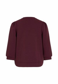 Bordeaux hettegenser, lange ermer med rynkede skuldre, myk tekstur, avslappet passform, rundet kant, minimale sømdetaljer, ingen lukking.