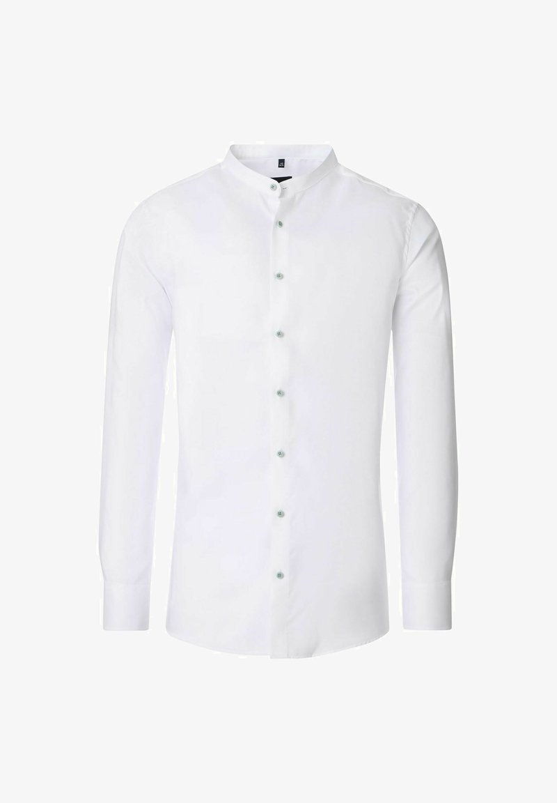 Biała, długosleeve koszula z kołnierzykiem, z zapięciem na guziki z przodu i jasnoniebieskimi guzikami. Gładki, tkany materiał.