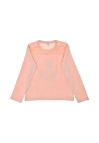 Langarmshirt aus hellrosa Stoff mit Spitzenakzenten im oberen Rückenbereich, rundem Ausschnitt und lässiger Passform.