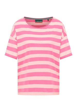 Różowa i jasnoróżowa w poziome paski koszulka z krótkim rękawem o okrągłym dekolcie, wykonana z miękkiego materiału. Metka z napisem "ELBSAND," rozmiar średni.