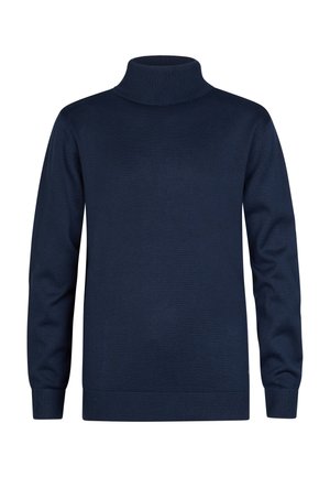 Jersey de cuello alto azul marino de manga larga con cuello, puños y bajo acanalados, mostrado sobre un fondo blanco liso.