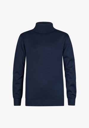 Marineblauer Langarm-Rollkragenpullover mit geripptem Kragen, Bündchen und Saum, dargestellt auf rein weißem Hintergrund.