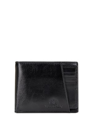 Czarny skórzany portfel dwudzielny z ukośnym wzorem i wytłoczonym logo marki, posiadający wiele przegródek na karty po prawej stronie.