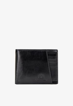 Schwarze Leder-Bifold-Geldbörse mit schrägem Design und eingeprägtem Markenlogo, mit mehreren Kartenfächern auf der rechten Seite.