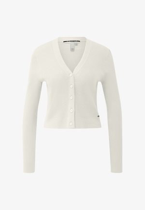 Witte geribbelde cropped cardigan met lange mouwen, V-hals en vijf knopen aan de voorkant.