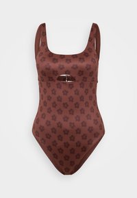 Brown floral patterned one-piece swimsuit with a scoop neckline and a cutout detail, made from smooth, stretchy material for comfort.