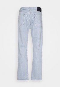 Pantalones de mezclilla de corte holgado, a rayas verticales en azul y blanco, mostrados desde la parte de atrás, con dos bolsillos traseros y una etiqueta negra en la cinturilla.
