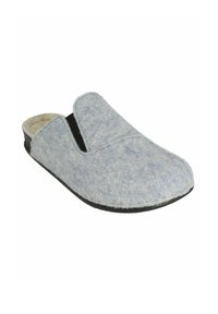 Lichtblauw vilten slof met een zwarte elastische band, ronde neus en een zachte binnenvoering, met een platte zwarte rubberen zool.