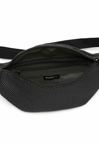 Black mesh bag with a soft interior, zip closure, and a small inner pocket. Includes a textured exterior and an adjustable strap.