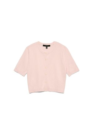 Cardigan rose clair à manches courtes en tissu tricoté doux. Il présente un col rond et de petits boutons en forme de cœur sur le devant.