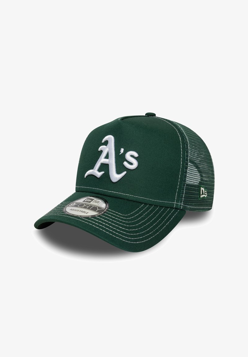 Green adjustable baseball cap featuring white "A's" logo, textured mesh back, and curved brim with contrasting stitching details.