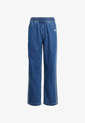 Denim jogger pants in dark blue, featuring an elastic waistband, two side pockets, and white adidas logo on the left hip.