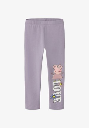Hellviolette Leggings aus dehnbarem Stoff, mit einem gedruckten Design eines Cartoon-Schweins und dem Wort "LOVE" mit floralem Akzent.