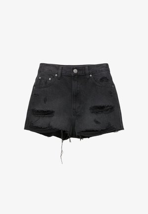 Schwarze Denim-Shorts mit fransigen Säumen, abgenutzten Flicken, Frontknopfverschluss und Fünf-Taschen-Design. Klassische, high-waisted Passform.