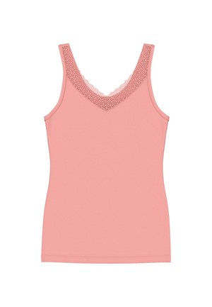 Pink sleeveless tank top with V-neckline adorned with matching lace trim, flat lay on white background.