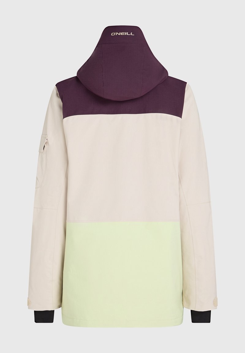 Kurtka damska z wielokolorowym wzorem: kremowym, fioletowym i limonkowym. Wykonana z gładkiego, teksturowanego materiału z kapturem.
