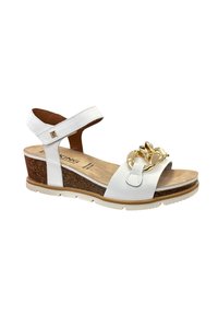 Witte wedge sandalen met een leren bovenwerk, verstelbare enkelband, faux gouden kettingaccent en een kurk-achtige middenzool.