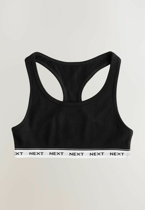 Zwarte sportbeha met een racerback ontwerp, elastische witte band met herhaald "NEXT" logo, gemaakt van een gladde, rekbare stof.