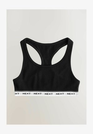 Sujetador deportivo negro con diseño de espalda nadador, banda elástica blanca con el logotipo "NEXT" repetido, fabricado en una tela suave y elástica.