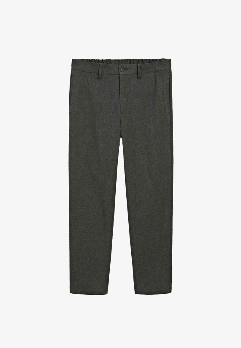 Ciemnoszare, dopasowane spodnie z elastycznym pasem, szlufkami na pasek, przednim guzikiem i bocznymi kieszeniami, wyeksponowane na białym tle.