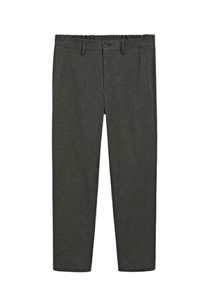 Pantaloni tailored grigio scuro con cintura elastica, passanti per cintura, bottone anteriore e tasche laterali, esposti piatti su sfondo bianco.