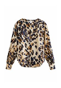 Blouse en imprimé léopard crème, avec des taches bleues et brunes, col en V et manches longues à ballon. Tissu doux avec des poignets froncés.