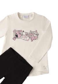 Maglia bianca a maniche lunghe con una grafica colorata di gatti e la scritta "COOPS!!!" abbinata a leggings neri con vita elastica. Morbido misto cotone.