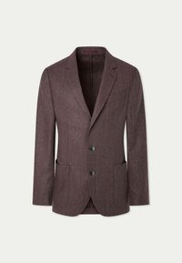 Blazer a zigzag bordeaux, chiusura a due bottoni, revers, due tasche laterali, vestibilità su misura, tessuto in misto lana testurizzato.