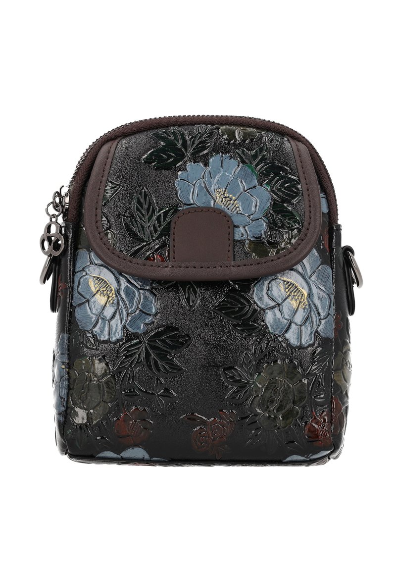 Sort blomster-crossbodytaske med prægede blå blomster, grønne blade og brune læderdetaljer. Lynlåslukning og dekorative metaldele.