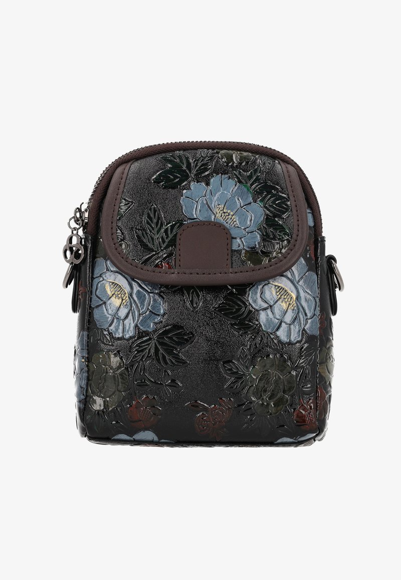 Sort blomster-crossbodytaske med prægede blå blomster, grønne blade og brune læderdetaljer. Lynlåslukning og dekorative metaldele.