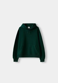 Felpa con cappuccio verde scuro realizzata in tessuto morbido, con tasca a marsupio, cappuccio regolabile con cordino e polsini e orlo a coste.
