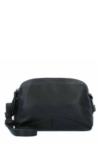 Borsa a tracolla in pelle nera con texture a granuli, forma arrotondata e tracolla regolabile, caratterizzata da un delicato dettaglio di cucitura sul fondo.