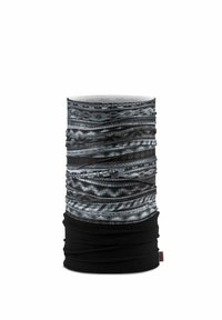 Cuello multifuncional negro y gris con un patrón texturizado en forma de ondas y parte inferior negra sólida. Tejido suave y elástico.