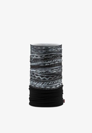 Schwarz-grauer multifunktionaler Halswärmer mit strukturierter, wellenförmiger Musterung und durchgehend schwarzem unteren Bereich. Weicher, dehnbarer Stoff.