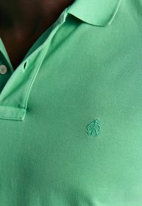 Zbliżenie osoby noszącej jasnozieloną koszulkę polo z małym, dopasowanym haftowanym logo na klatce piersiowej.