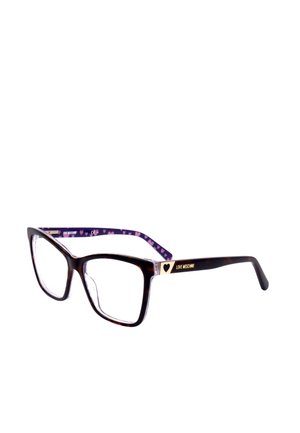Occhiali rettangolari tartarugati con lenti trasparenti, logo Love Moschino nero e oro sulle stanghette e aste viola con motivo di cuori rosa.