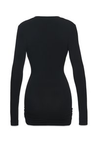 Czarna bluzka z długim rękawem, dopasowana, z okrągłym dekoltem i marszczonym wykończeniem. Wykonana z elastycznej tkaniny; gładka faktura.