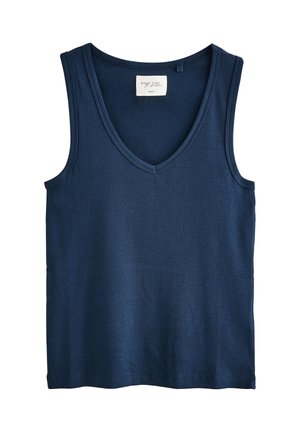 Temno modra brezrokavnik majica s črtasto teksturo, z V-izrezom in ravnim robom. Oznake so vidne na vratu.