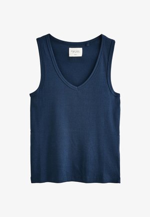 Marineblaues ärmelloses Tanktop mit V-Ausschnitt, gerippter Textur und geradem Saum. Etiketten am Nacken sichtbar.