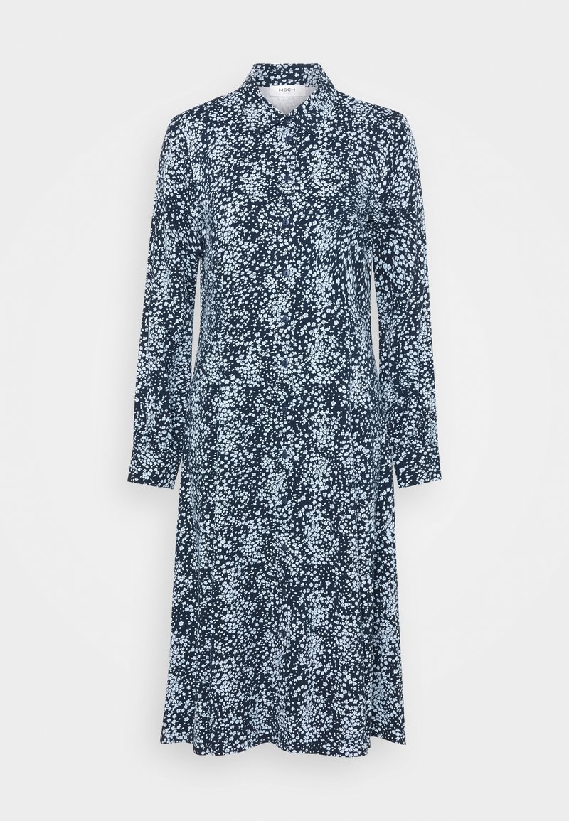 Robe bleu marine à manches longues avec petit motif floral blanc, col chemise et fermeture à boutons devant.