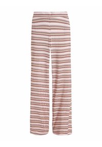 Wijduitlopende broeken van een lichte stof met een multicolor zigzagpatroon in roze, rood en wit. Elastische tailleband voor comfort.