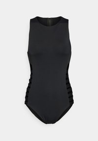 Black one-piece swimsuit with a high neckline, side cut-out detail, and contrasting striped accents along the sides. Stretchy, smooth material.