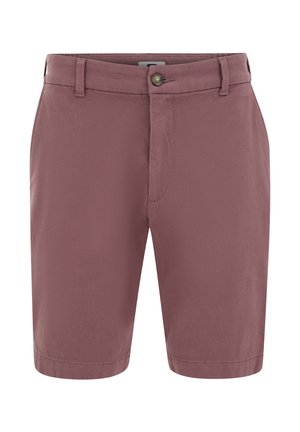 Lila texturált férfi rövidnadrág övhurkokkal, elülső gombbal és cipzáras rögzítéssel, fehér háttéren, elölről látható.
